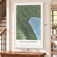 Saratoga Springs, Utah map, 24 x 36 inch print in a white frame by a staircase