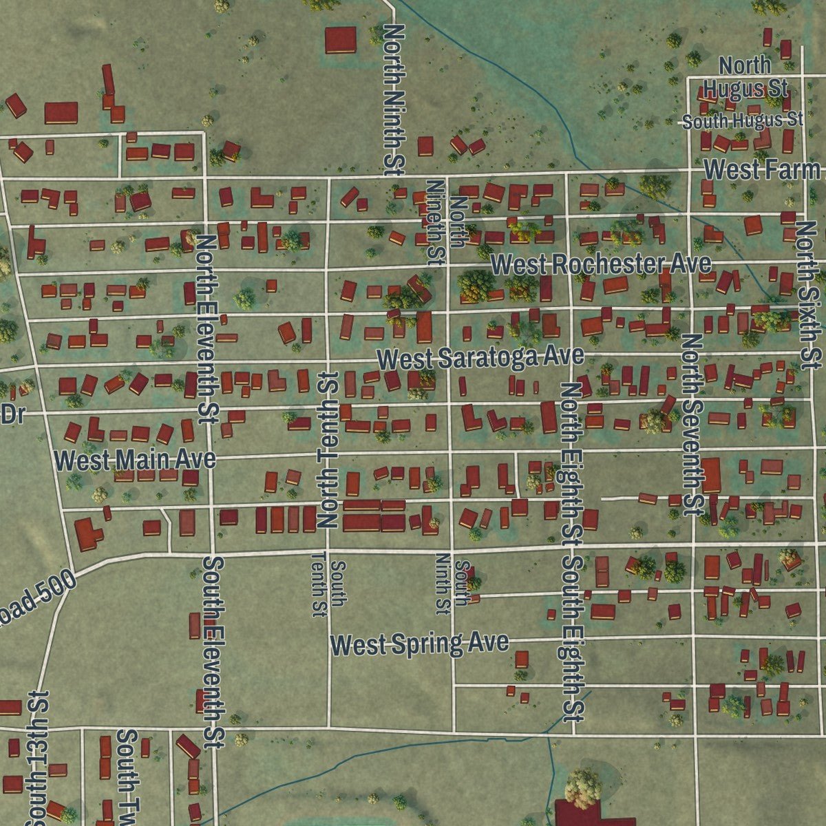 Second close-up of the map of Saratoga, Wyoming print showing more streets and buildings