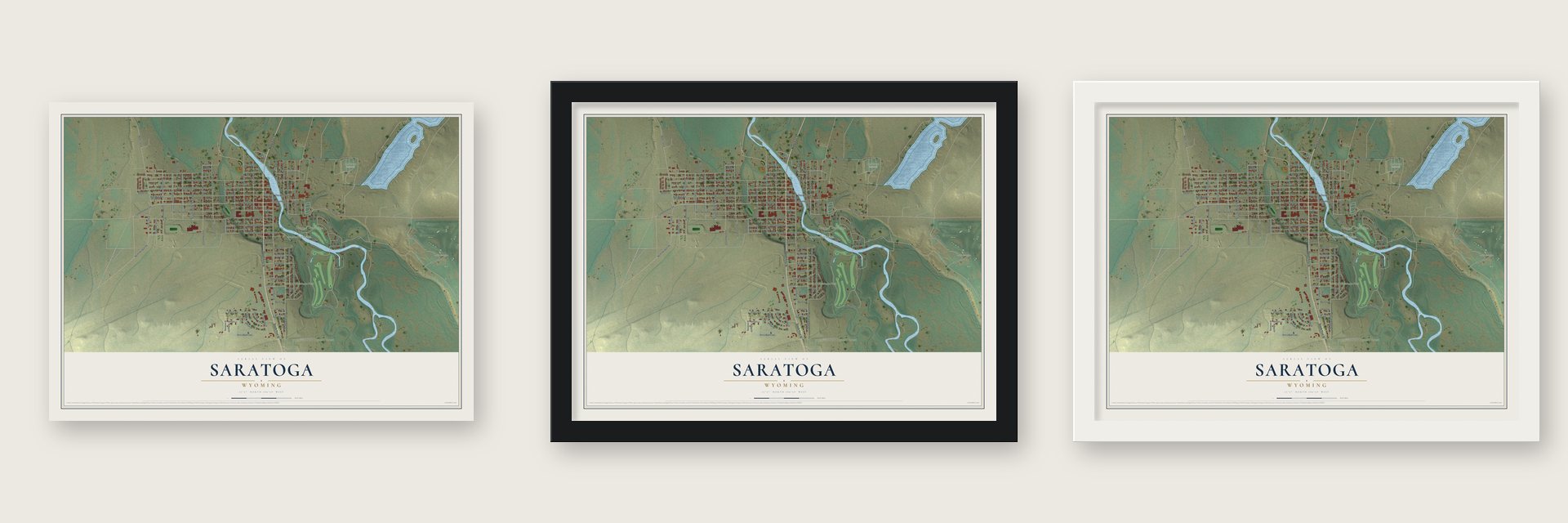 Saratoga, Wyoming map unframed, in a black wood frame and in a white wood frame