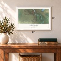 Saratoga, Wyoming map, 12 x 18 inch print in a white frame in an entryway