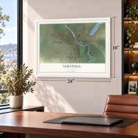 Saratoga, Wyoming map, 18 x 24 inch print in a white frame in a home office