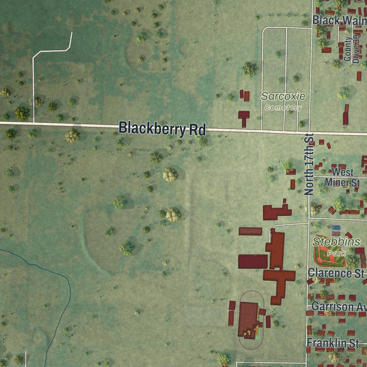 Second close-up of the map of Sarcoxie, Missouri print showing more streets and buildings