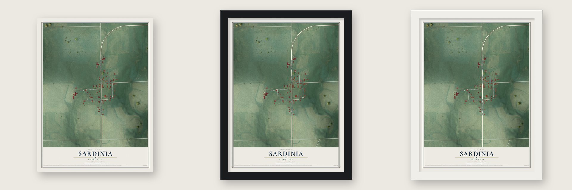 Sardinia, Indiana map unframed, in a black wood frame and in a white wood frame