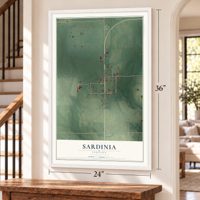 Sardinia, Indiana map, 24 x 36 inch print in a white frame by a staircase