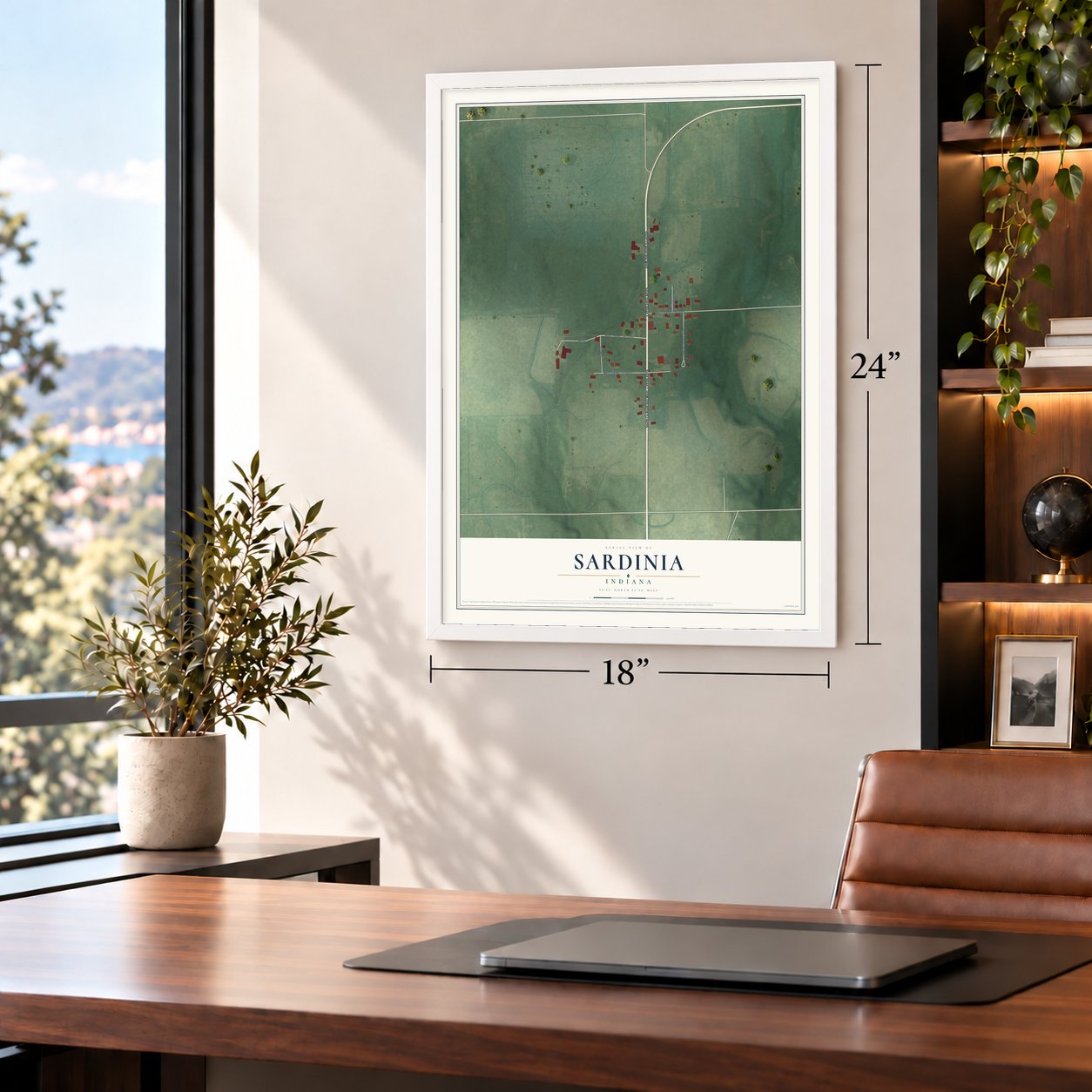 Sardinia, Indiana map, 18 x 24 inch print in a white frame in a home office