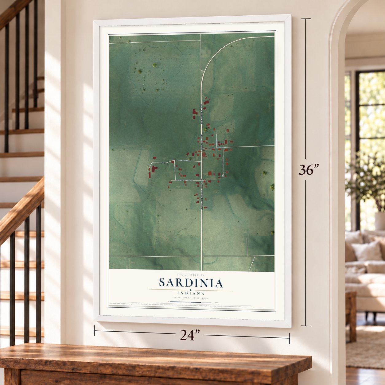 Sardinia, Indiana map, 24 x 36 inch print in a white frame by a staircase