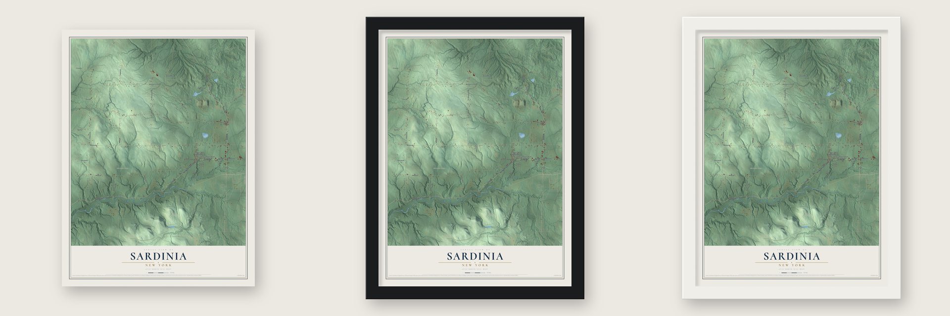Sardinia, New York map unframed, in a black wood frame and in a white wood frame