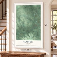 Sardinia, New York map, 24 x 36 inch print in a white frame by a staircase