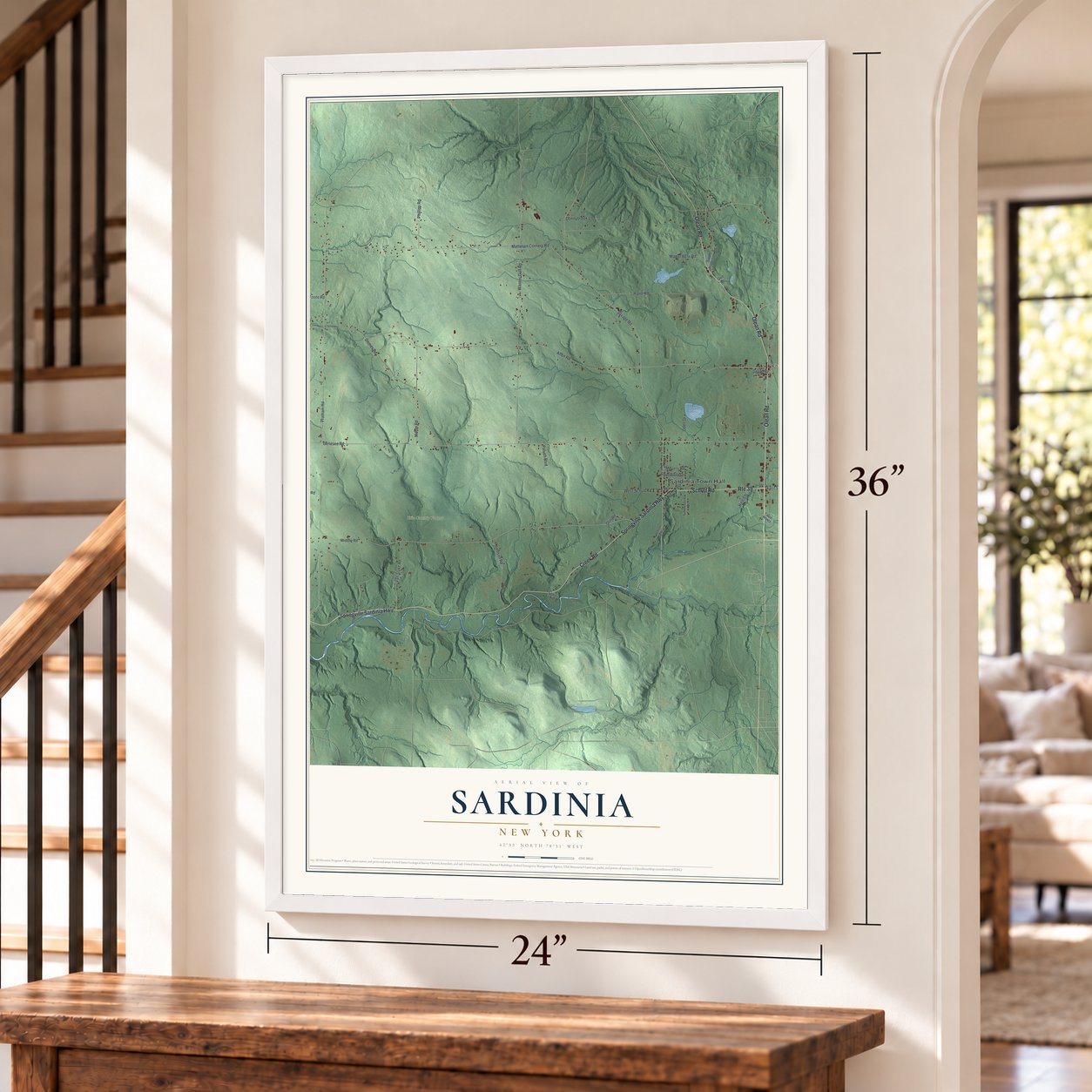 Sardinia, New York map, 24 x 36 inch print in a white frame by a staircase