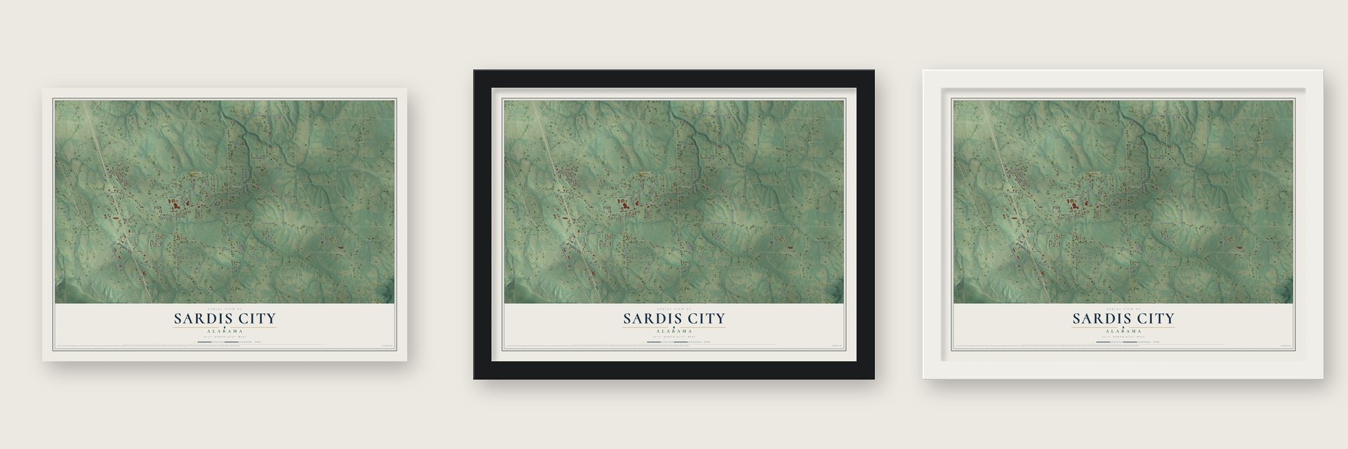 Sardis City, Alabama map unframed, in a black wood frame and in a white wood frame
