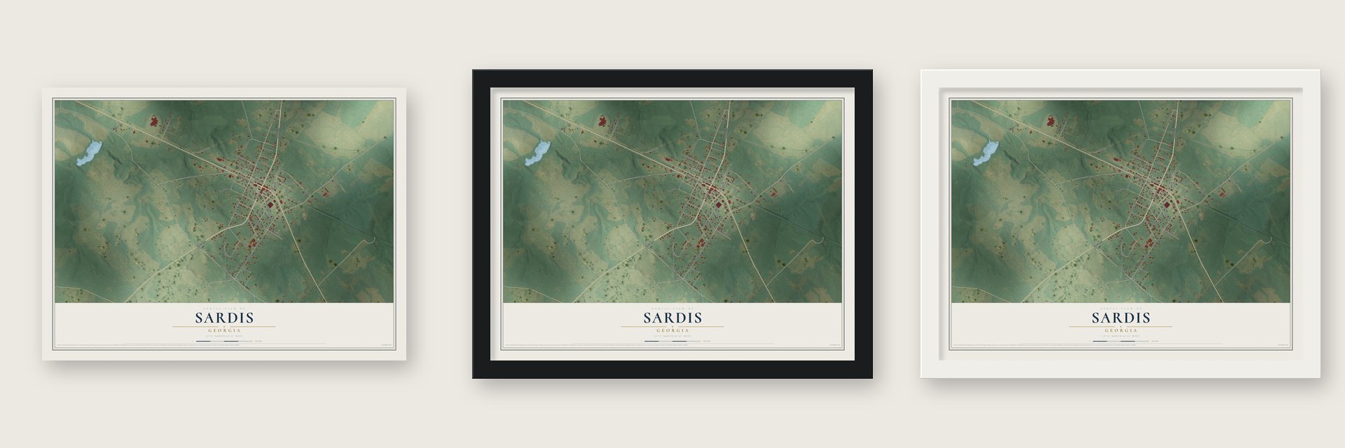 Sardis, Georgia map unframed, in a black wood frame and in a white wood frame