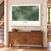 Sardis, Georgia map, 24 x 36 inch print in a white frame above a dresser by a staircase