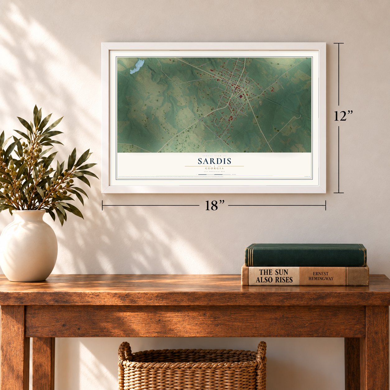 Sardis, Georgia map, 12 x 18 inch print in a white frame in an entryway