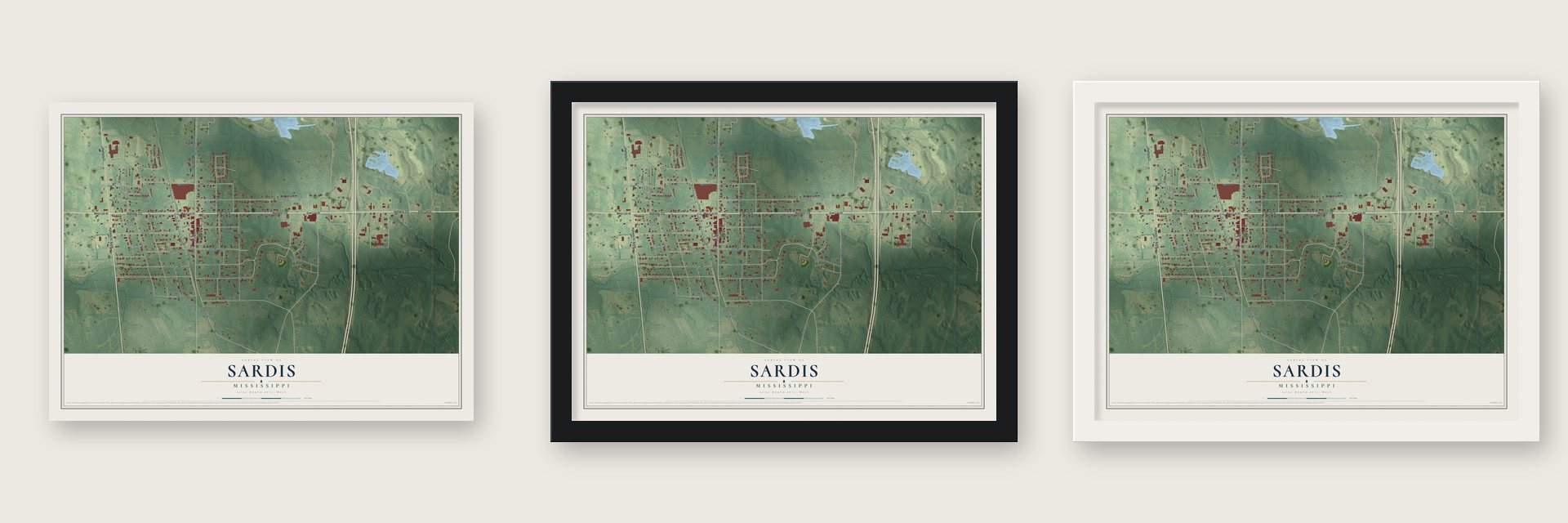 Sardis, Mississippi map unframed, in a black wood frame and in a white wood frame