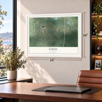 Sardis, Mississippi map, 18 x 24 inch print in a white frame in a home office