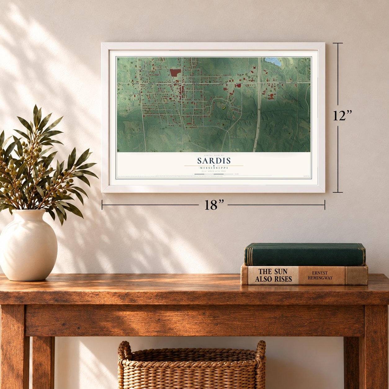 Sardis, Mississippi map, 12 x 18 inch print in a white frame in an entryway