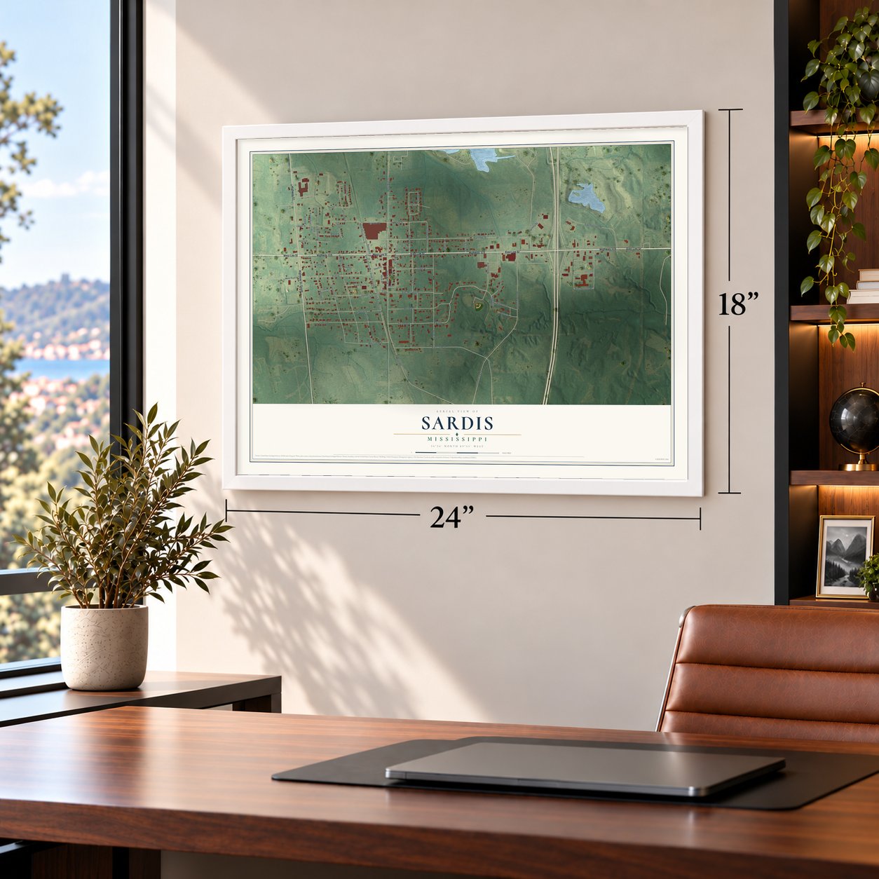 Sardis, Mississippi map, 18 x 24 inch print in a white frame in a home office