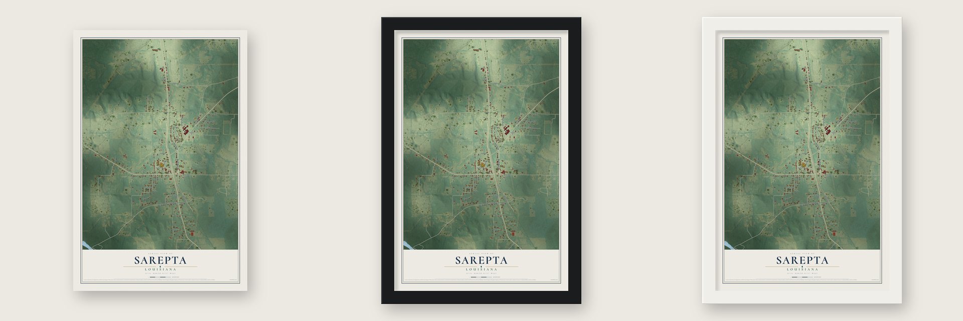 Sarepta, Louisiana map unframed, in a black wood frame and in a white wood frame