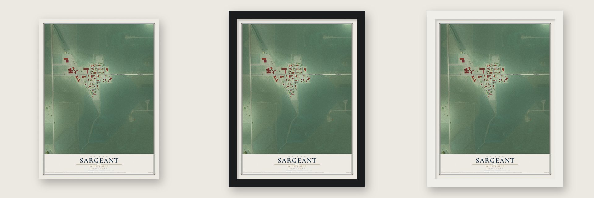 Sargeant, Minnesota map unframed, in a black wood frame and in a white wood frame