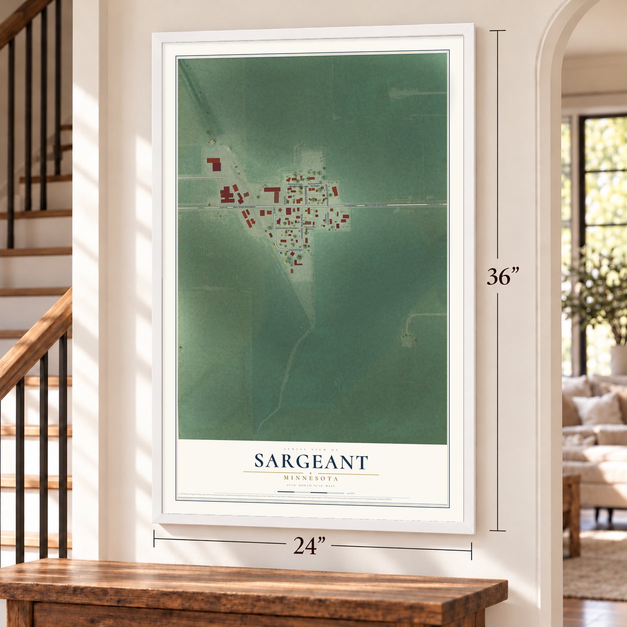 Sargeant, Minnesota map, 24 x 36 inch print in a white frame by a staircase