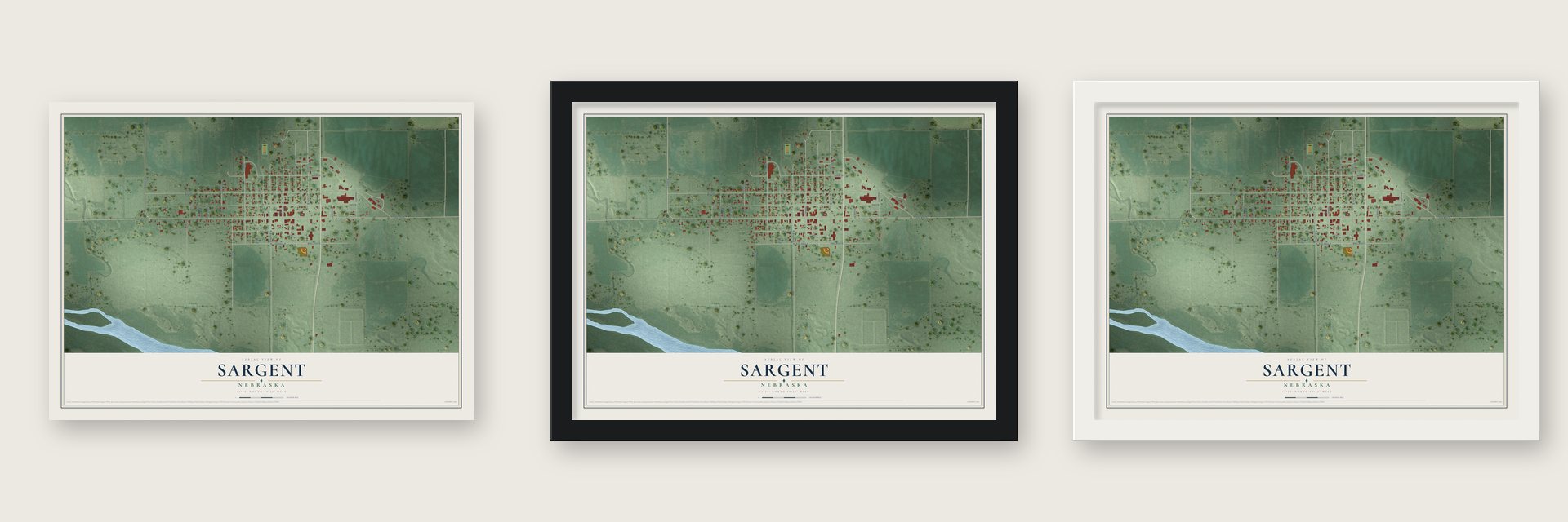 Sargent, Nebraska map unframed, in a black wood frame and in a white wood frame