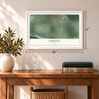 Sargent, Nebraska map, 12 x 18 inch print in a white frame in an entryway