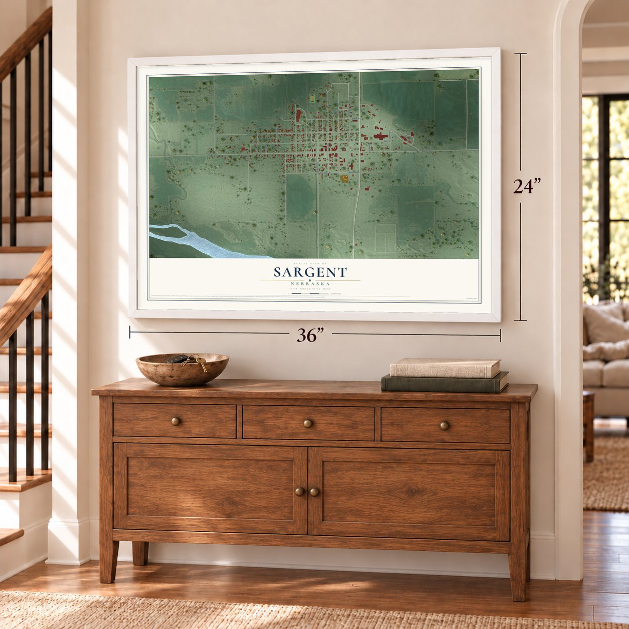 Sargent, Nebraska map, 24 x 36 inch print in a white frame above a dresser by a staircase