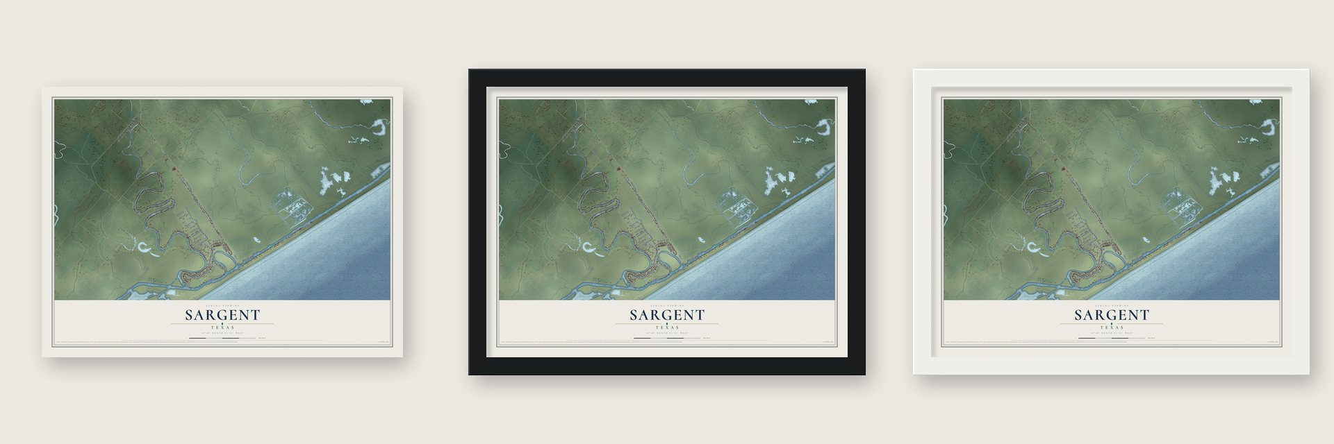 Sargent, Texas map unframed, in a black wood frame and in a white wood frame
