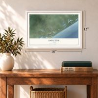 Sargent, Texas map, 12 x 18 inch print in a white frame in an entryway