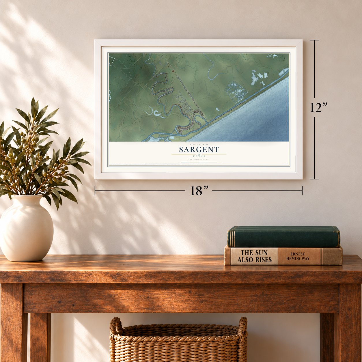 Sargent, Texas map, 12 x 18 inch print in a white frame in an entryway