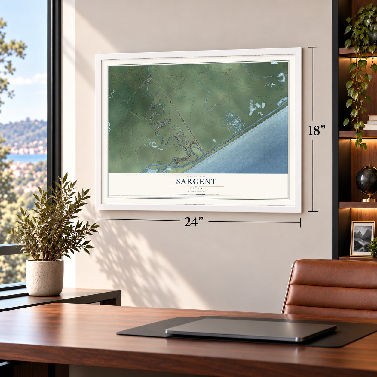 Sargent, Texas map, 18 x 24 inch print in a white frame in a home office