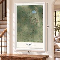 Sarita, Texas map, 24 x 36 inch print in a white frame by a staircase