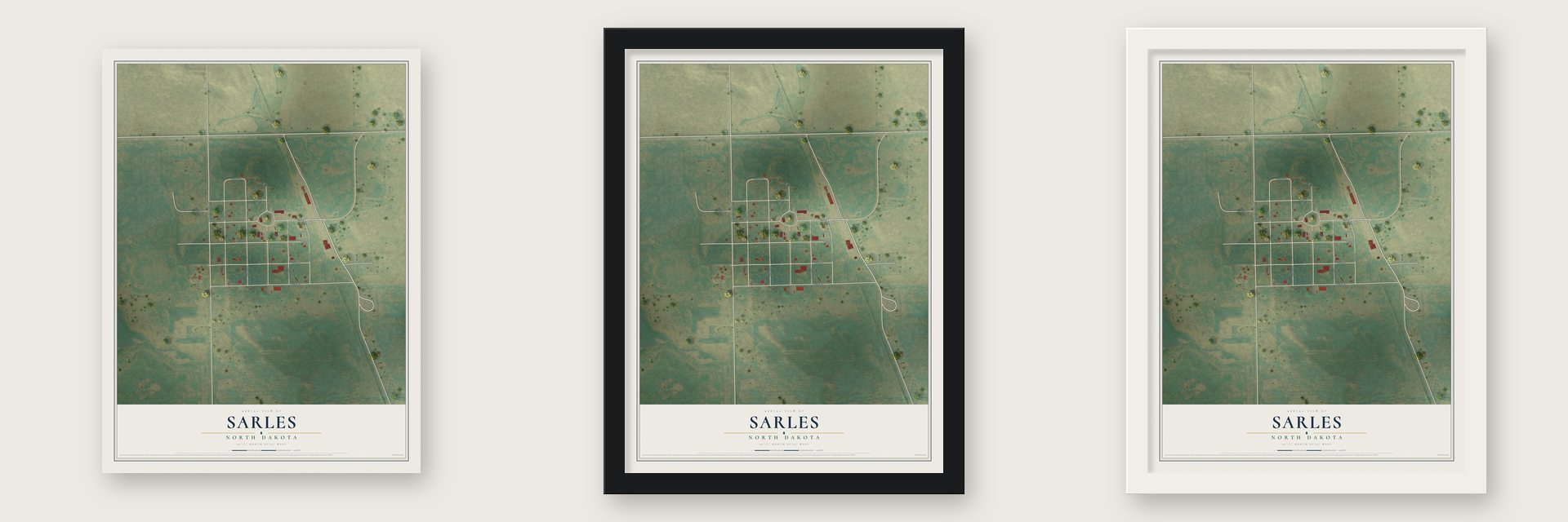 Sarles, North Dakota map unframed, in a black wood frame and in a white wood frame