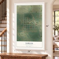 Sarles, North Dakota map, 24 x 36 inch print in a white frame by a staircase