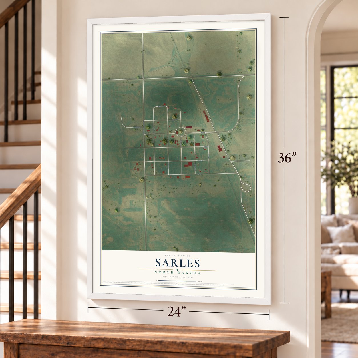 Sarles, North Dakota map, 24 x 36 inch print in a white frame by a staircase