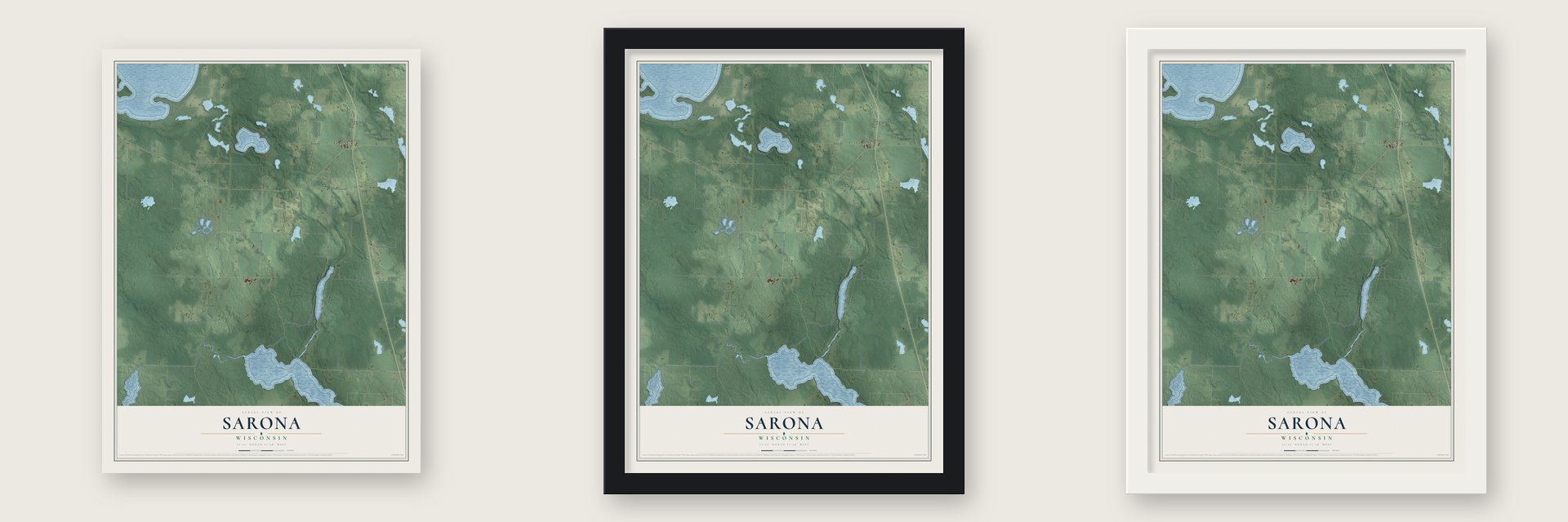 Sarona, Wisconsin map unframed, in a black wood frame and in a white wood frame