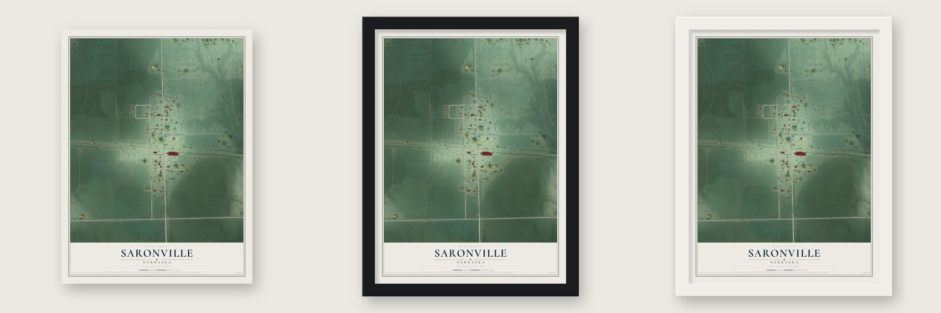 Saronville, Nebraska map unframed, in a black wood frame and in a white wood frame