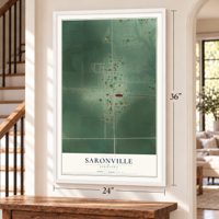Saronville, Nebraska map, 24 x 36 inch print in a white frame by a staircase