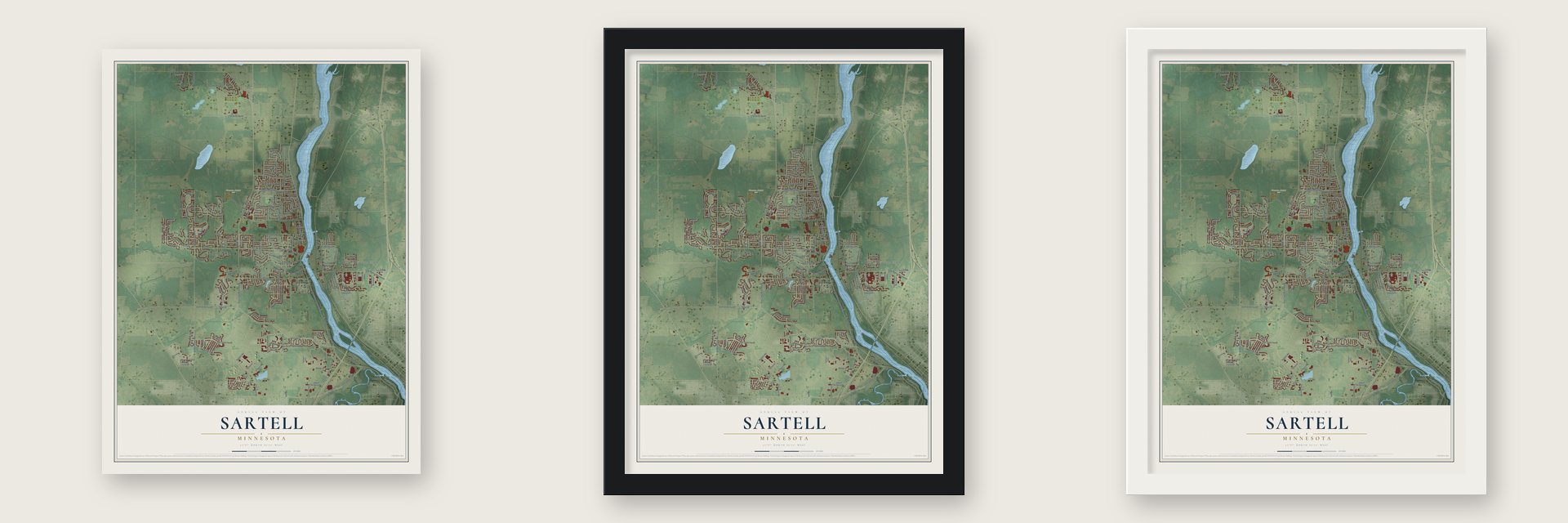 Sartell, Minnesota map unframed, in a black wood frame and in a white wood frame