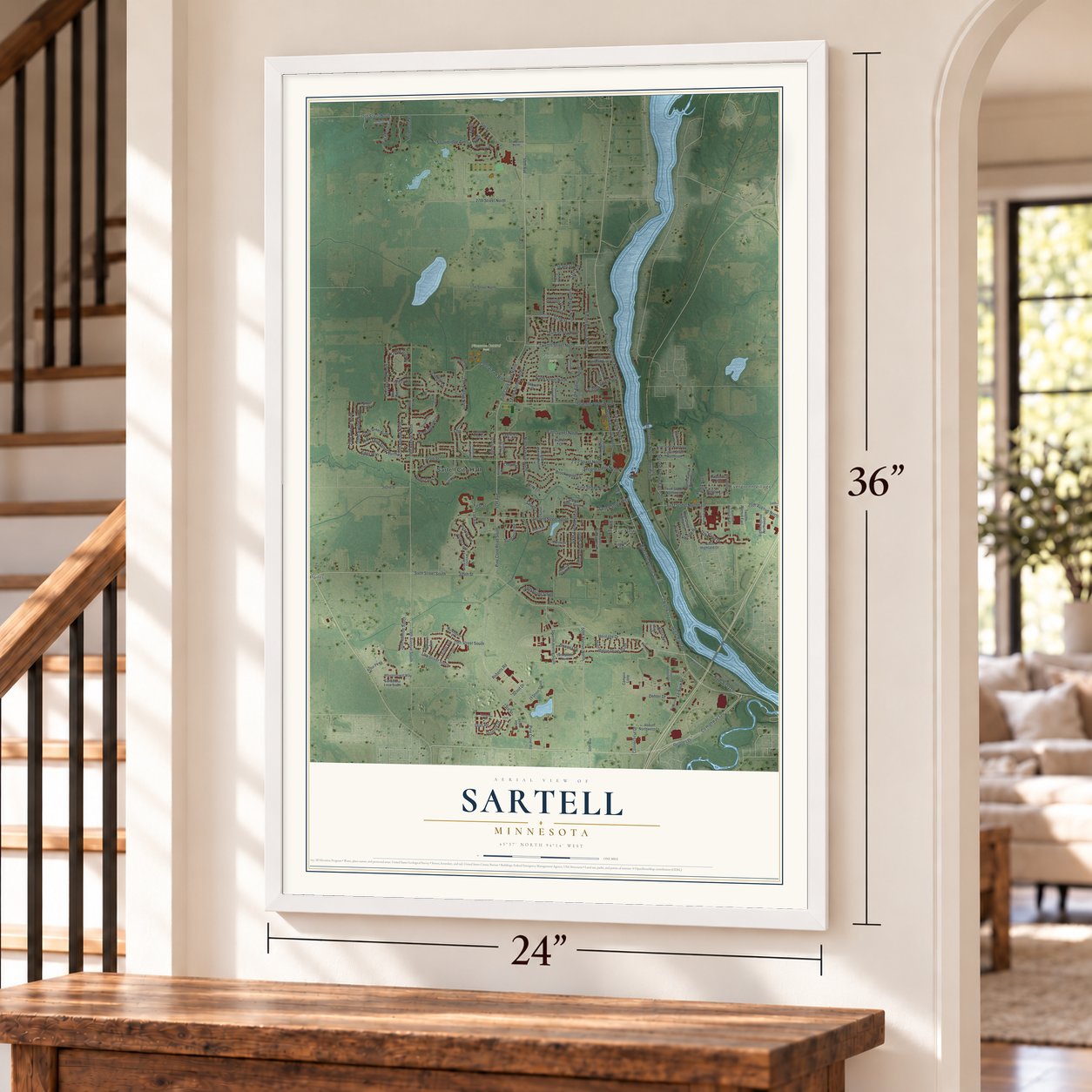 Sartell, Minnesota map, 24 x 36 inch print in a white frame by a staircase