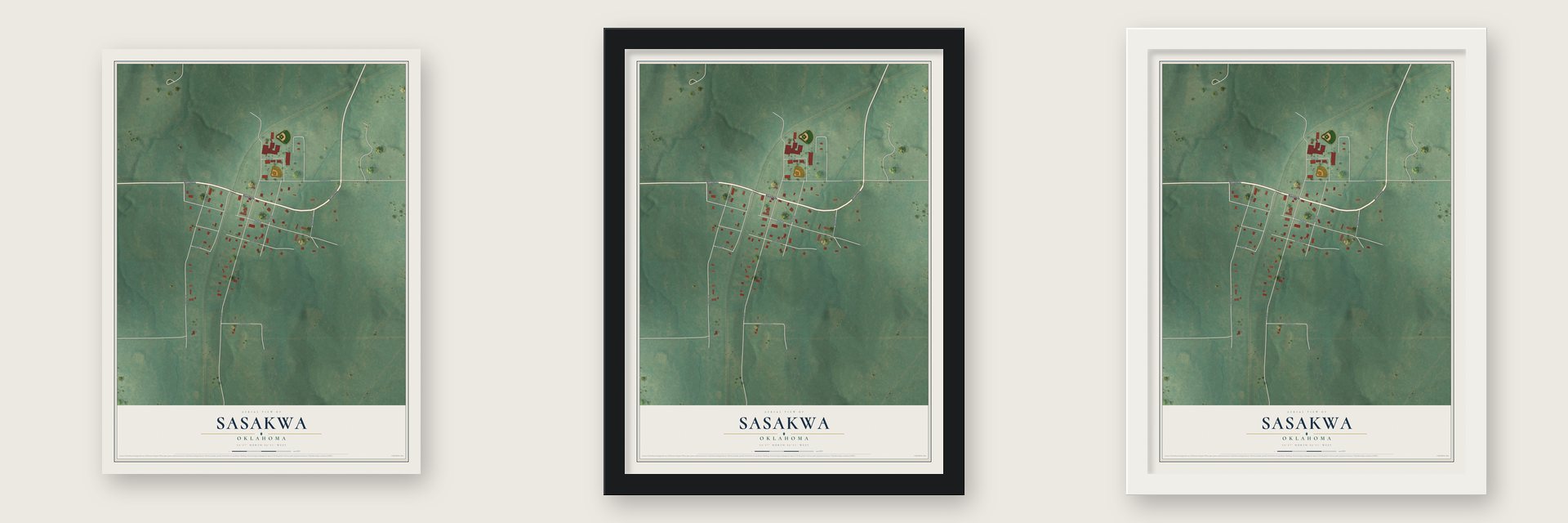 Sasakwa, Oklahoma map unframed, in a black wood frame and in a white wood frame
