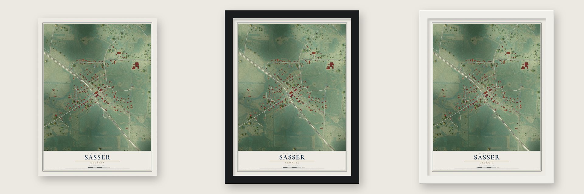 Sasser, Georgia map unframed, in a black wood frame and in a white wood frame