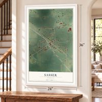Sasser, Georgia map, 24 x 36 inch print in a white frame by a staircase