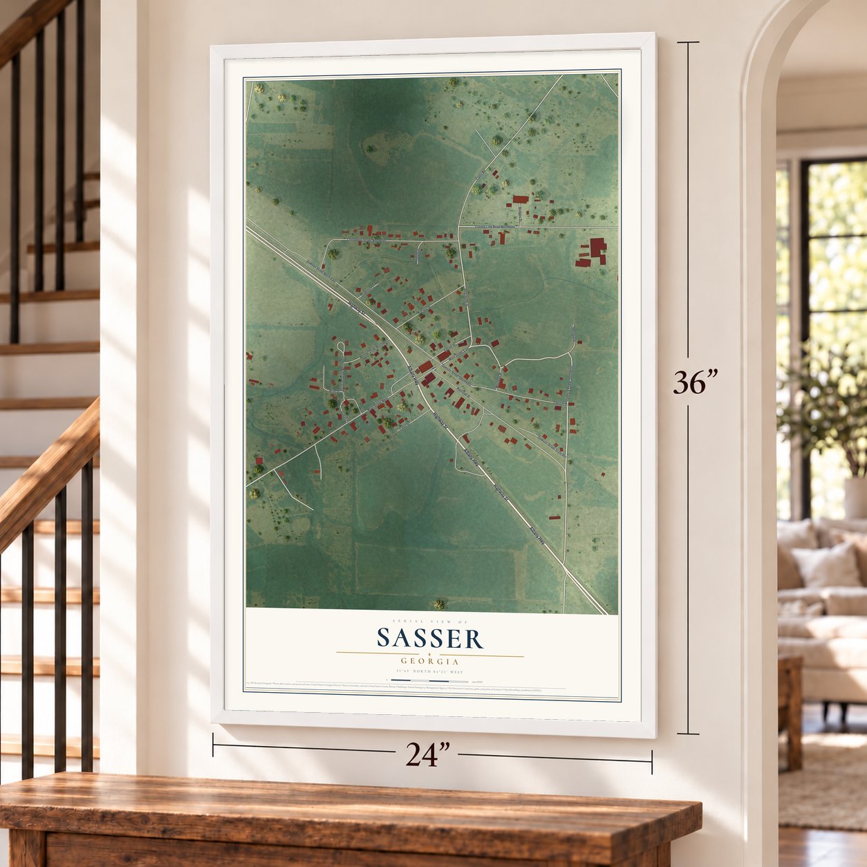 Sasser, Georgia map, 24 x 36 inch print in a white frame by a staircase
