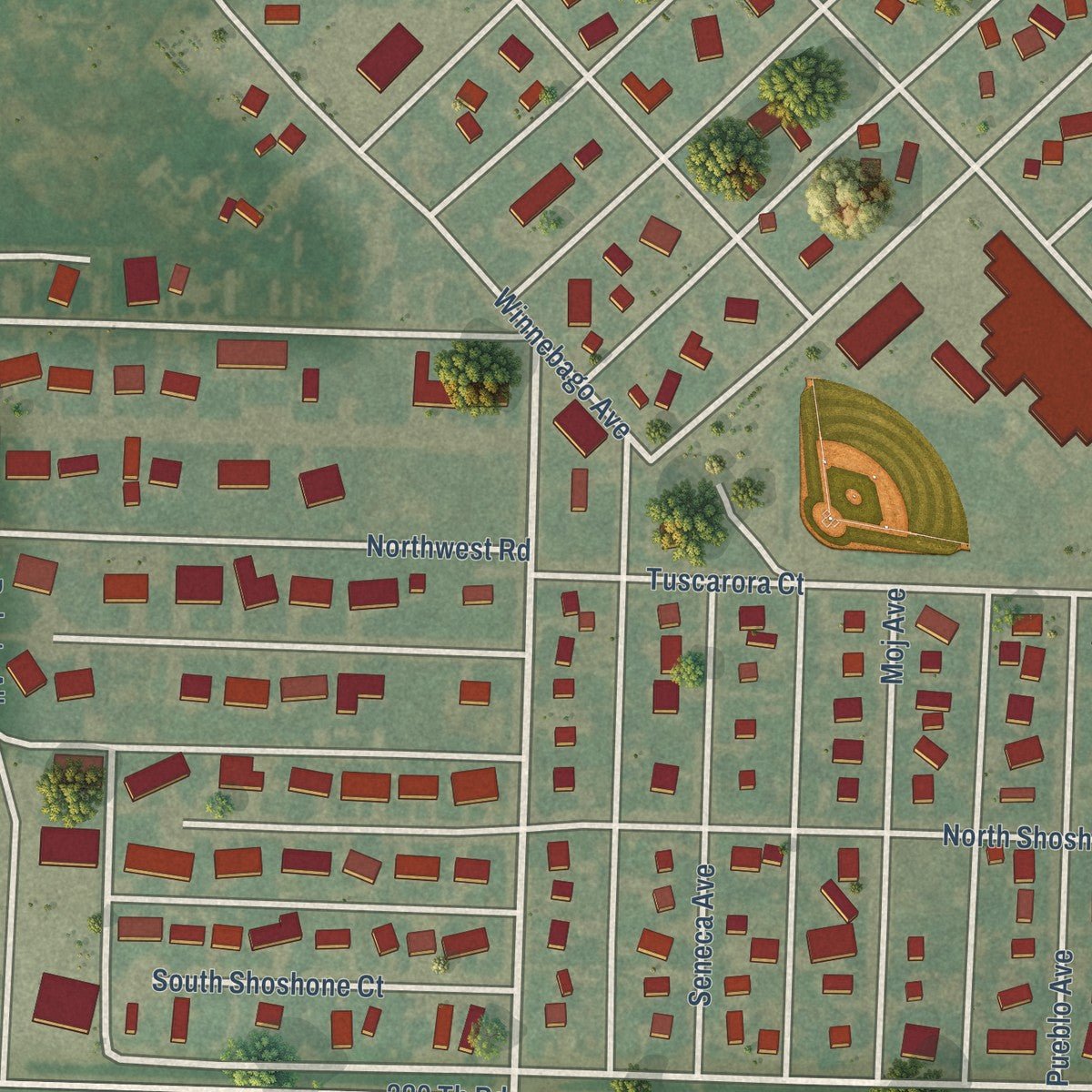 Second close-up of the map of Satanta, Kansas print showing more streets and buildings