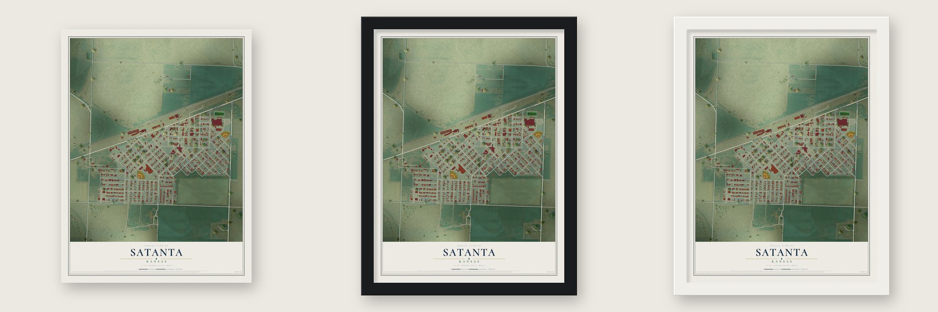 Satanta, Kansas map unframed, in a black wood frame and in a white wood frame