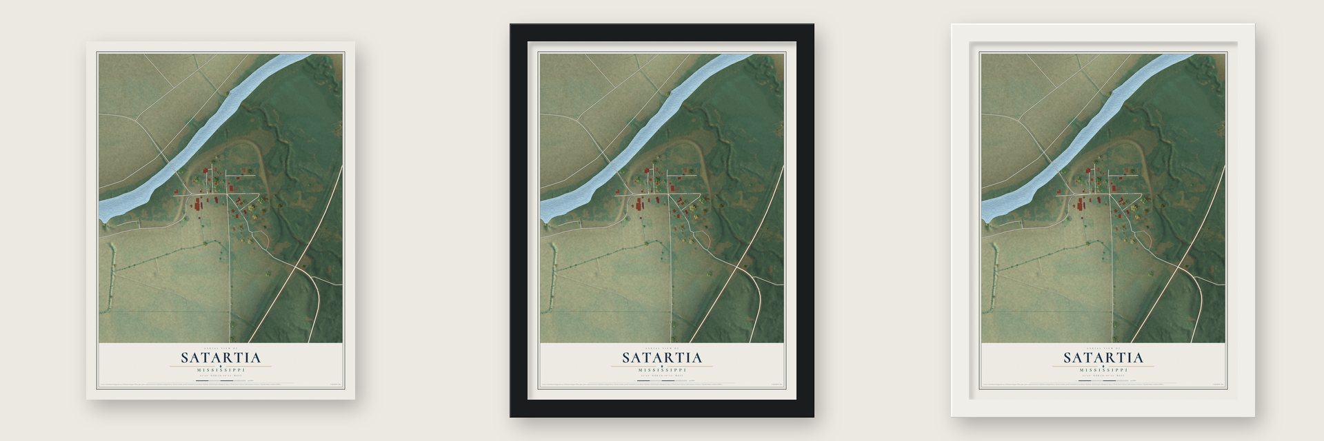 Satartia, Mississippi map unframed, in a black wood frame and in a white wood frame
