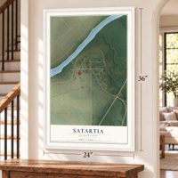 Satartia, Mississippi map, 24 x 36 inch print in a white frame by a staircase