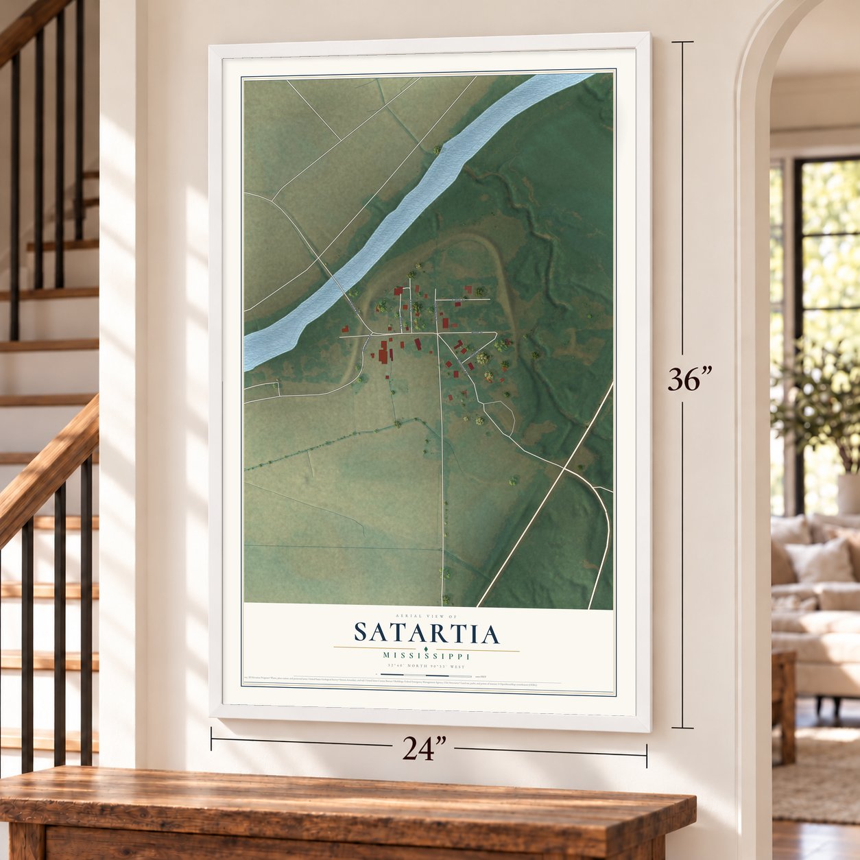 Satartia, Mississippi map, 24 x 36 inch print in a white frame by a staircase