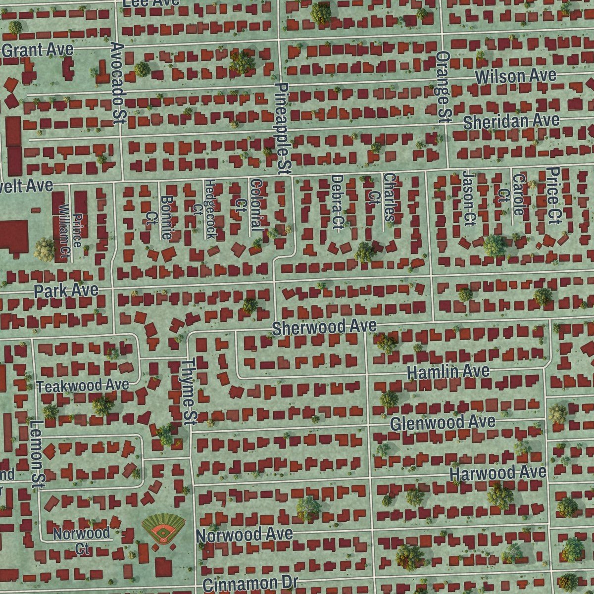 Second close-up of the map of Satellite Beach, Florida print showing more streets and buildings